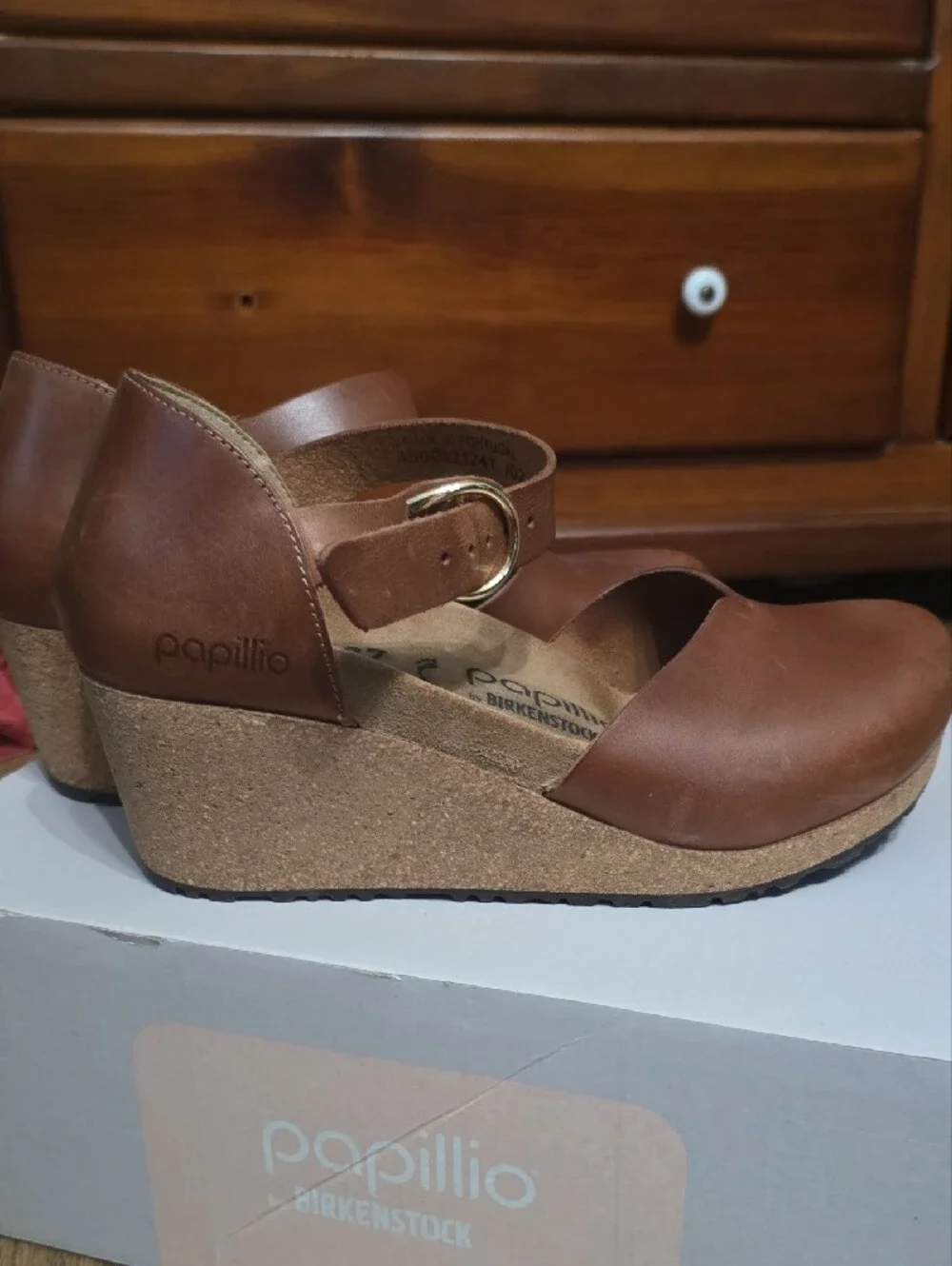 Papillio Cognac Mary Ring-Buckle Ankle Strap Wedge Sandals - Birkenstock 37